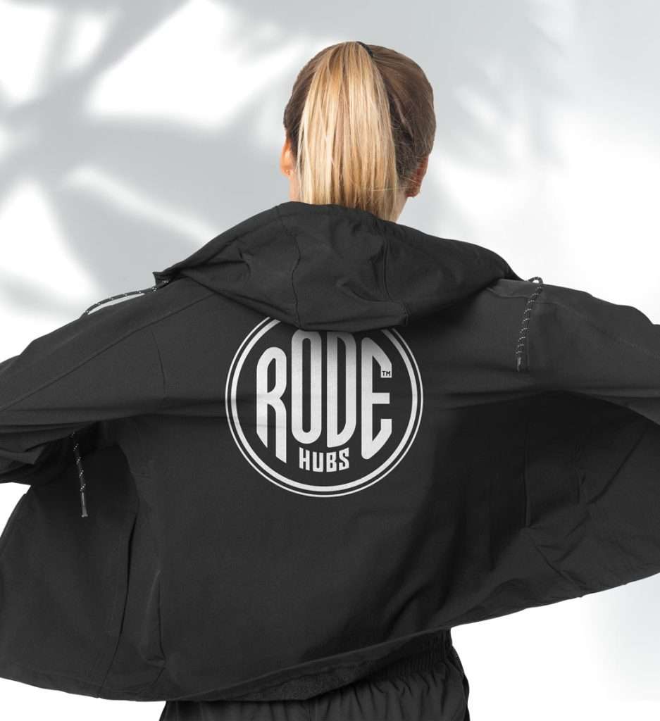 RODE Black waterproof jacket with logo on the back. Rode customised merchandise.