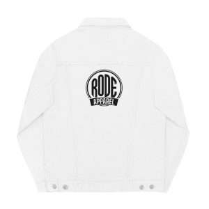 RODE White denim jacket with logo on the back.